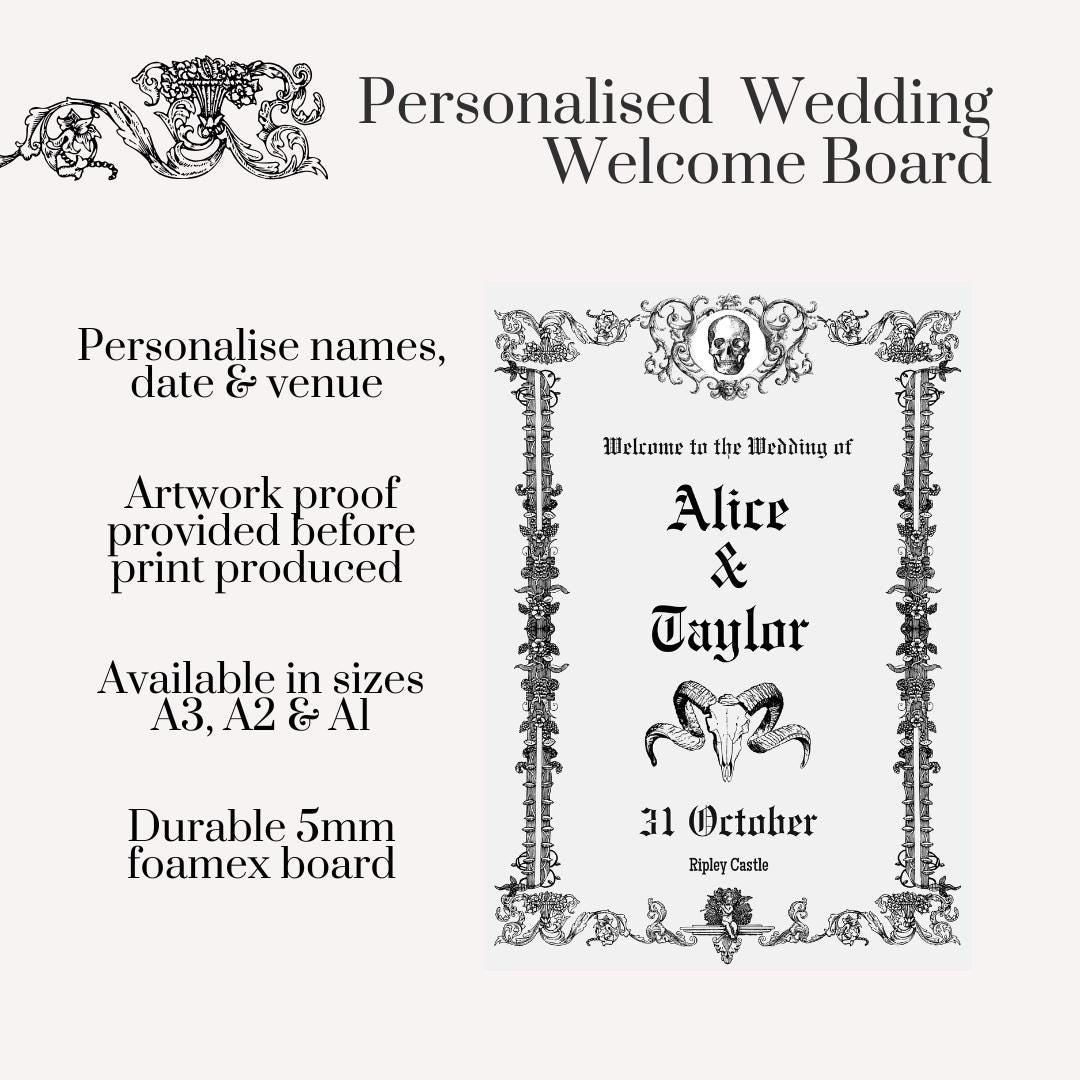 Vintage Gothic Wedding Welcome Sign – Printed Personalised Ornate Frame Design, Customise Names, Date & Venue | Size Options Available