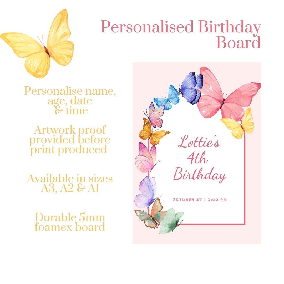 Butterfly Birthday Welcome Sign | Personalised Garden Party Board | Custom Name, Age, Date & Time | A3 A2 A1 Sign | Girls Birthday Decor