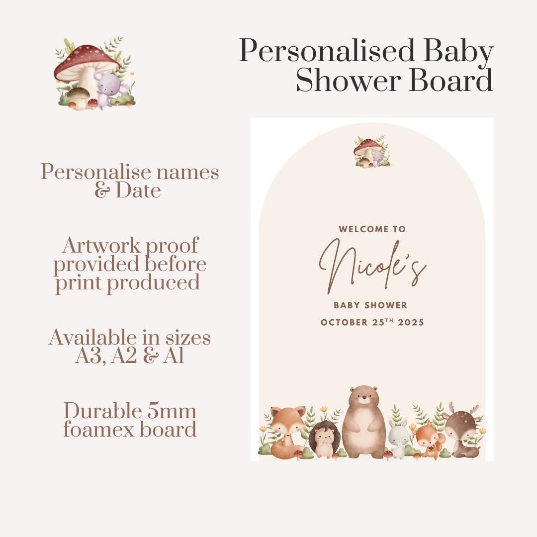 Personalised Printed Woodland Baby Shower Welcome Sign: Forest Animals, Custom Foam Board