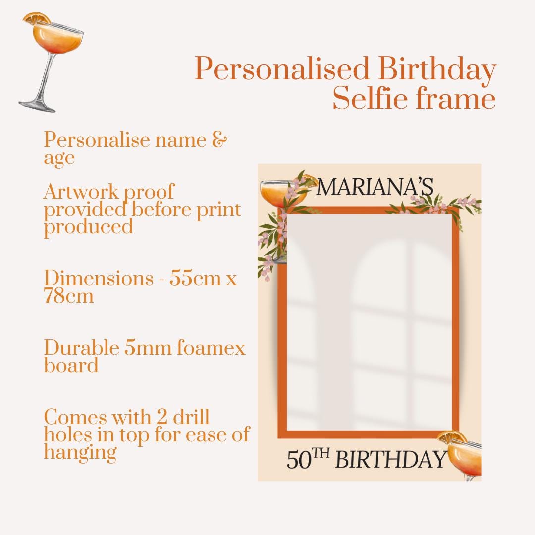 Printed Personalised Birthday Selfie Frame – Cocktail Floral Design – Custom Name & Age – 55x78cm – Foamex Photo Booth Prop