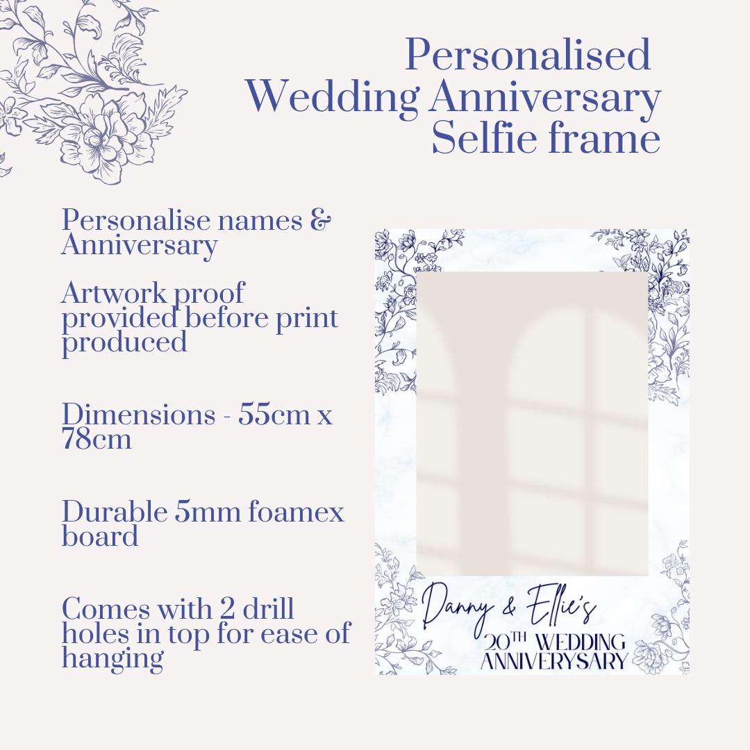 Personalised Printed 20th Wedding Anniversary Selfie Frame | Blue Floral China Design | Custom Names & Date | Party Photo Prop