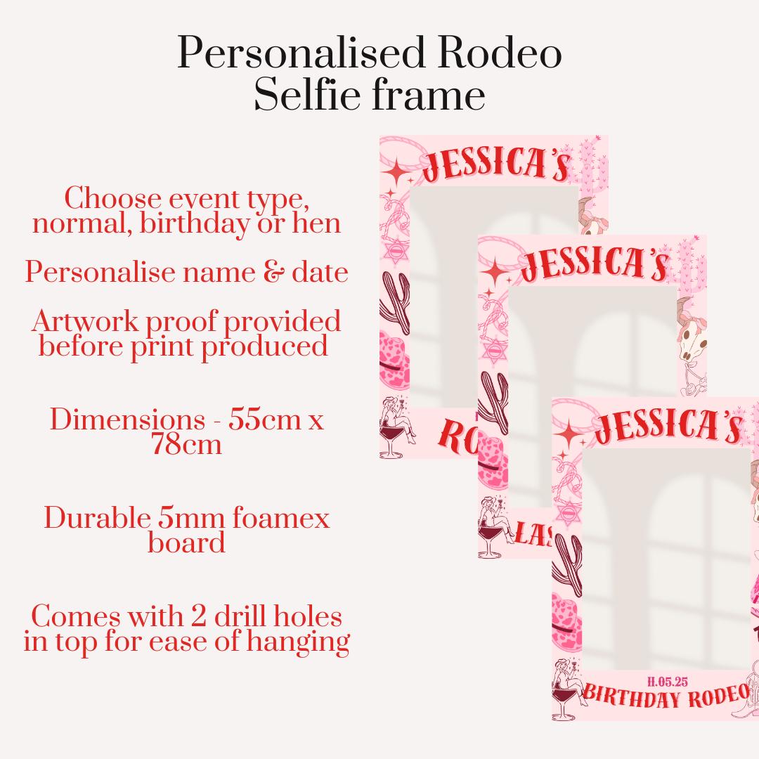 Personalised Printed Rodeo Selfie Frame: Pink Cowgirl Party Photo Prop Hen Party/ Birthday - Customise Name & Date - 3 Design Options