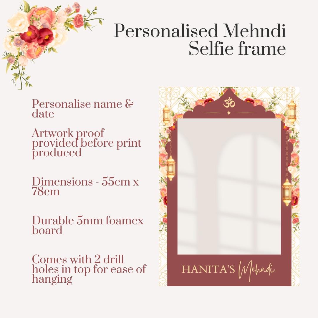 Personalised Mehndi Printed Selfie Frame: Floral Lantern Design - Henna Party Photo Booth Prop - Customise Name & Date