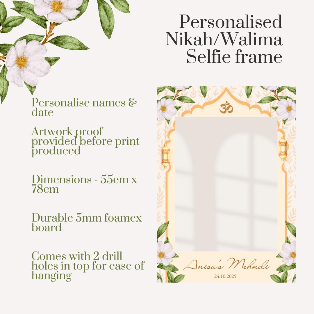 Personalised Nikah Walima Printed Selfie Frame: Floral Lantern Design Wedding Photo Booth Prop - Customise Names & Date