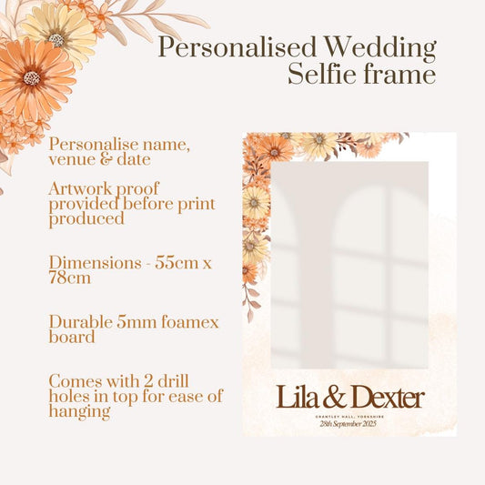 Personalised Autumn Wedding Selfie Frame | Rustic Fall Wedding Photo Booth Prop | Custom Names, Venue & Date | Boho Pumpkin / Foliage Design