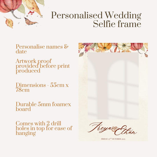 Personalised Autumn Wedding Selfie Frame | Rustic Pumpkin Wedding Photo Booth Prop | Fall Wedding Decoration | Custom Names & Date |