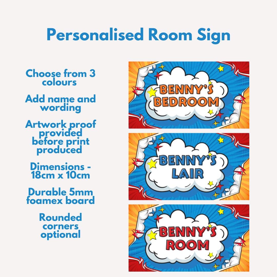 Superhero Comic Style Personalised Room Sign – Custom Name Door Plaque | Kids Bedroom Sign | Three Colour Options | Pow Comic Decor
