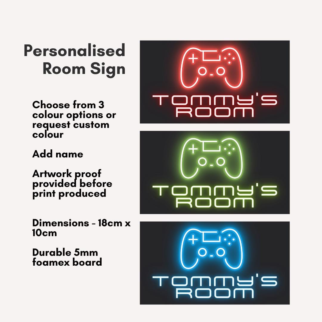 Personalised Gamer Room Sign | Custom Kids Door Plaque | Neon Game Controller Design | 3 Colour Options | Bedroom Door Sign