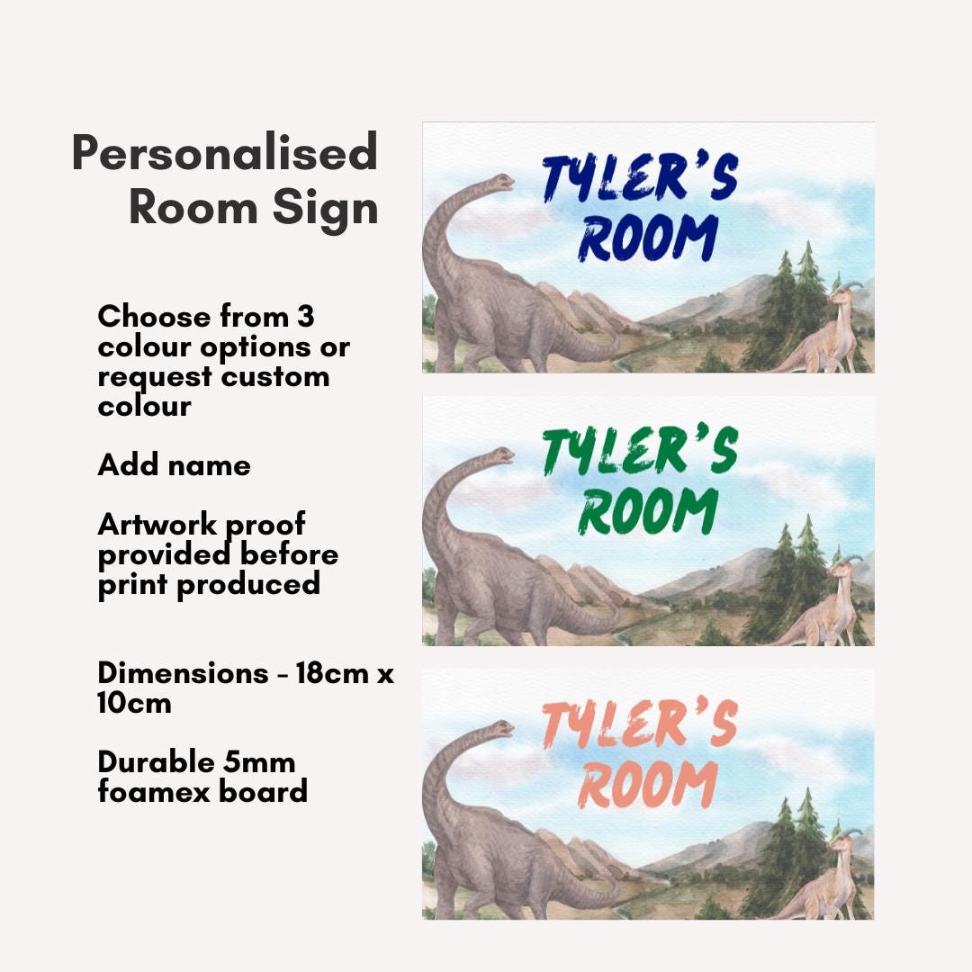 Personalised Dinosaur Kids Door Sign – 3 Colour Options – Custom Name – 5mm Foamex – 18cm x 10cm