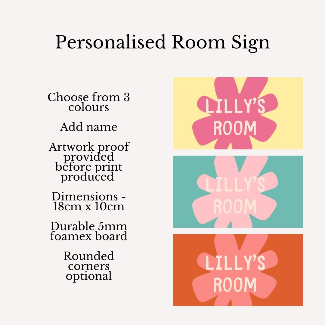 Personalised Kids Room Sign | Retro Flower Bedroom Door Plaque | Custom Name Sign | Teen Girl Decor | 70s Style Room Sign | 3 Colour Options