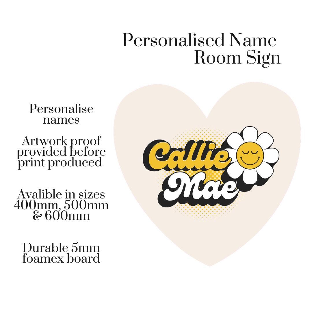 Personalised Retro Daisy Room Sign | Custom Name Heart Bedroom Door Sign | Groovy Flower Room Decor | Nursery Wall Name Sign | Door Plaque