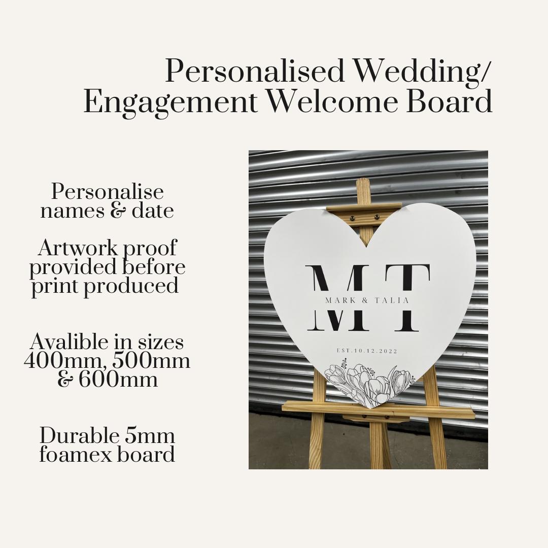 Personalised Heart Wedding Welcome Sign – Modern Engagement or Wedding Entrance Board