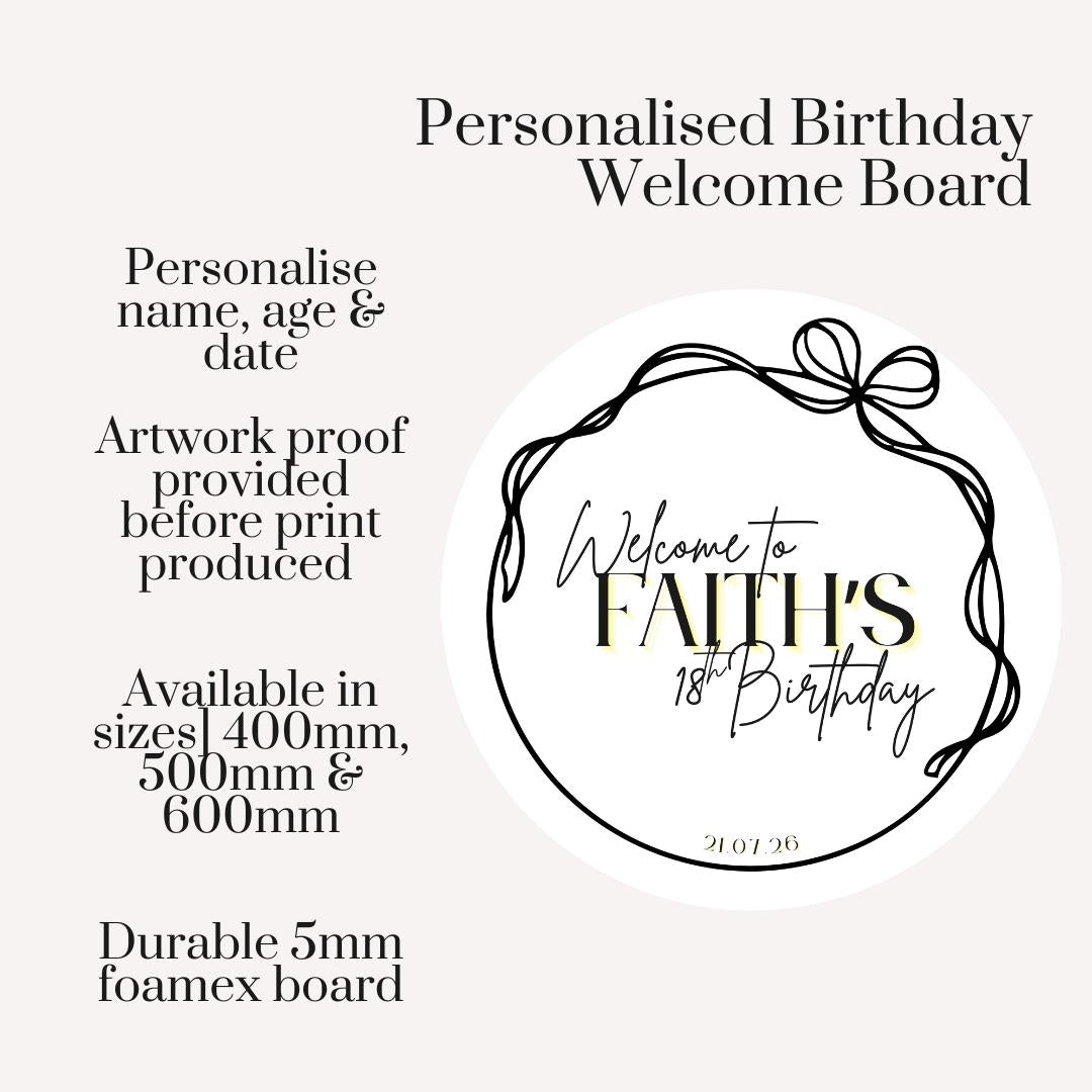 Round Birthday Welcome Board, Personalised Bow Birthday Sign, Circular 18th Party Decor, Custom Milestone Birthday Welcome Sign Modern Decor