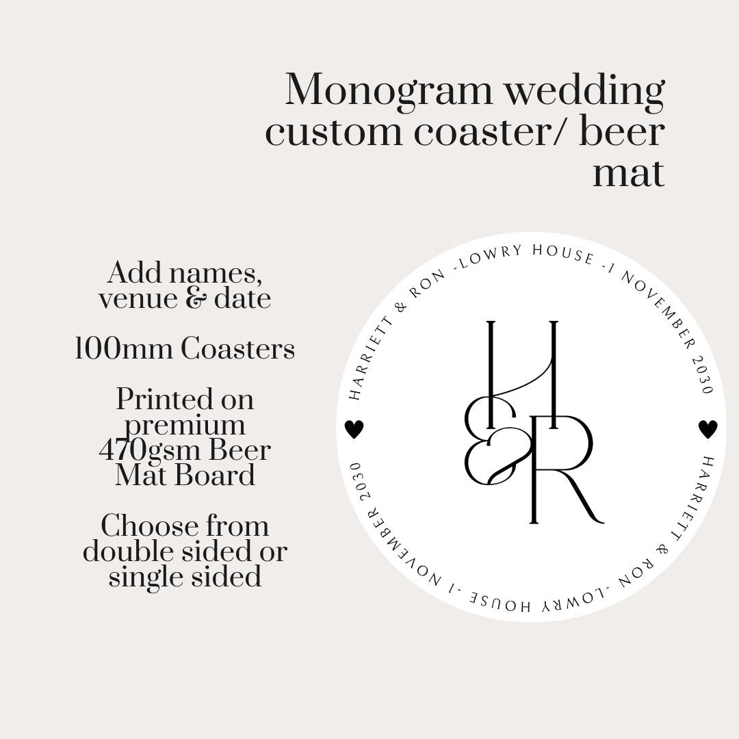 Monogram Wedding Coasters | Personalised Initials Coasters | Minimal Wedding Favours | Names Date Venue Beer Mats