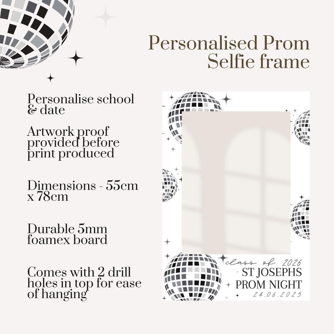 Printed Personalised Prom Selfie Frame | Funky Disco Ball Design | Class of 2026 | Custom School & Date | Foamex Photo Booth Prop 55x78cm