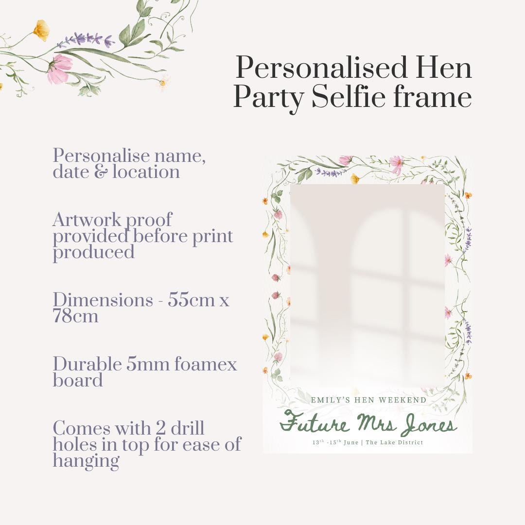 Personalised Future Mrs Hen Party Selfie Frame, Floral Hen Weekend Photo Prop, Bride to Be Selfie Frame, Custom Hen Party Frame