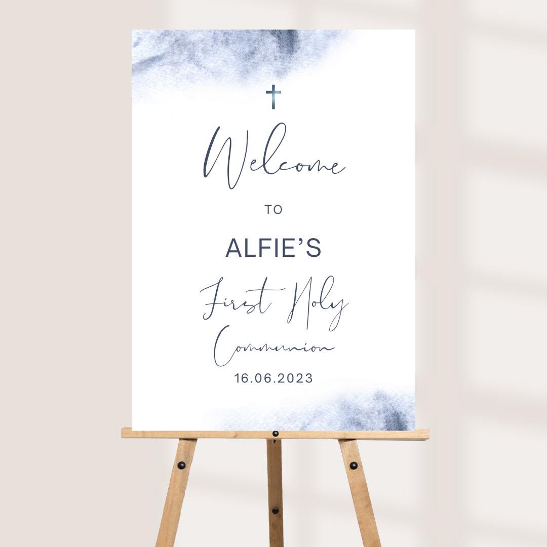 Personalised Printed Blue Watercolour First Holy Communion Welcome Board, Modern Communion Sign, Custom Church Event Dec