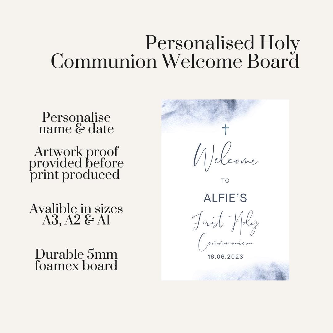 Personalised Blue Watercolour First Holy Communion Welcome Board – Modern
