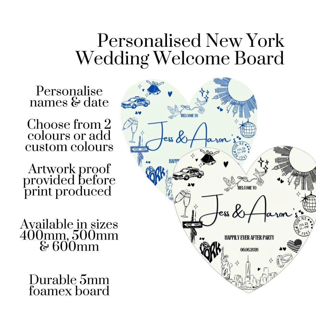Personalised Heart New York Wedding Welcome Sign, NYC Wedding Welcome Board, Custom Heart Wedding Sign, Happily Ever After Party Decor