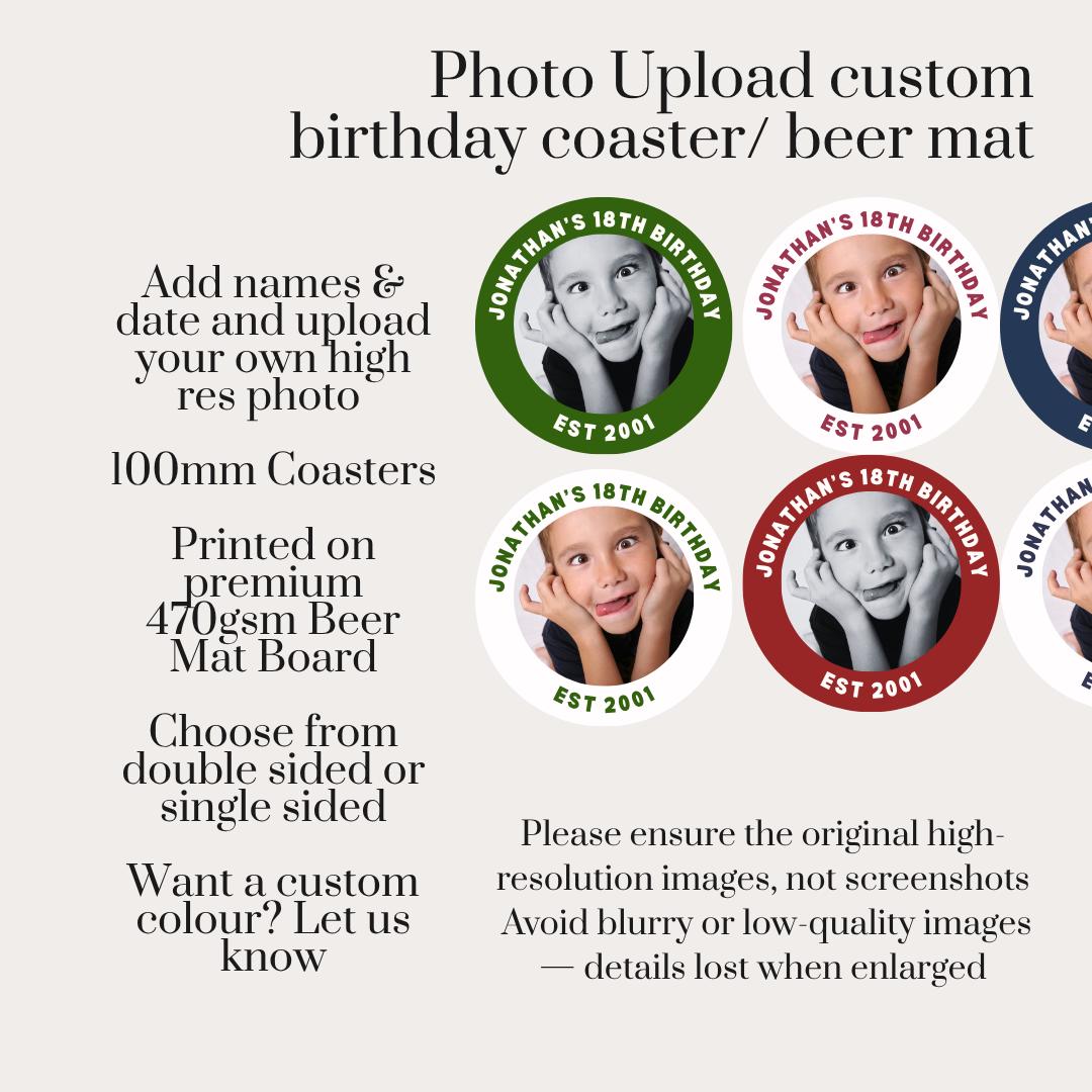 Photo Birthday Coasters, Personalised Birthday Beer Mats, Custom Party Coasters, 18th 21st 30th 40th 50th Birthday Favours