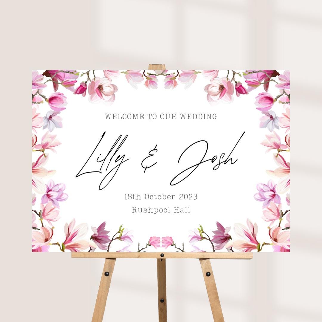Printed Personalised Wedding Welcome Sign/Board | Wedding Selfie Props | Wedding Decorations | Pink Floral | A3/A2/A1 Si