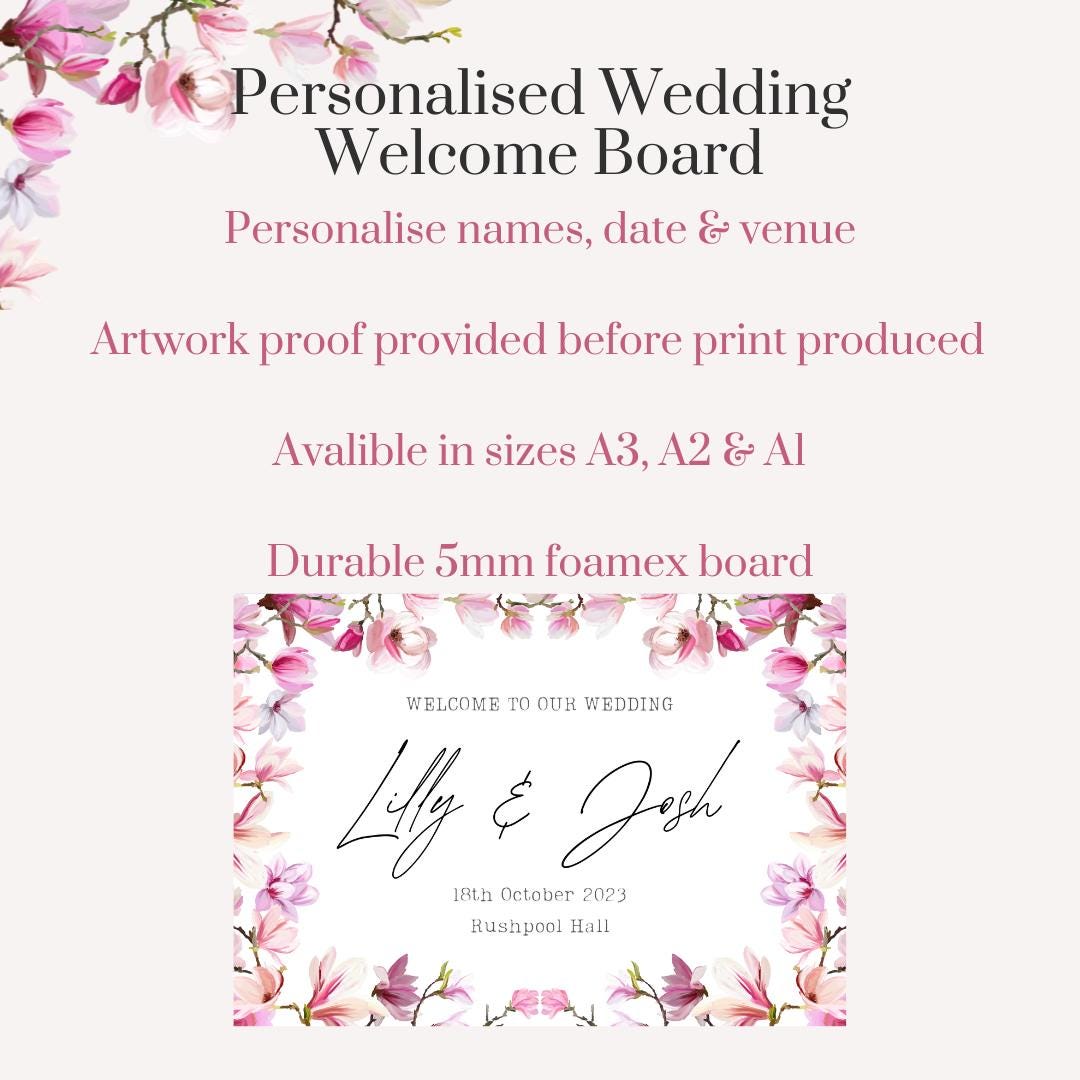 Printed Personalised Wedding Welcome Sign/Board | Wedding Selfie Props | Wedding Decorations | Pink Floral | A3/A2/A1 Sizes