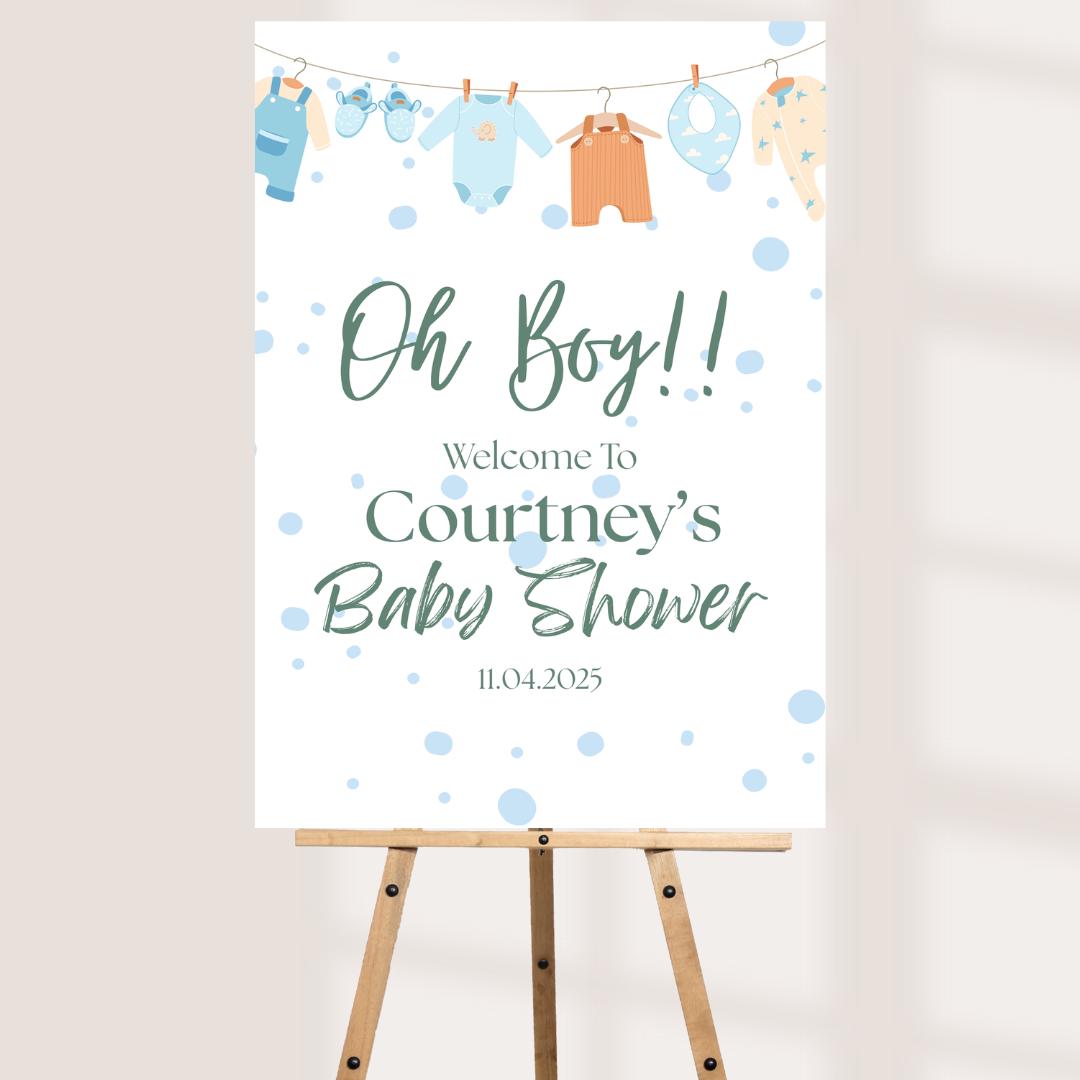 Printed Boy Baby Shower Welcome Sign – Oh Boy Personalised Foam Board, Blue Baby Shower Decor, Custom Name & Date, A3 A2