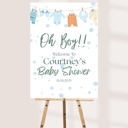 Printed Boy Baby Shower Welcome Sign – Oh Boy Personalised Foam Board, Blue Baby Shower Decor, Custom Name & Date, A3 A2