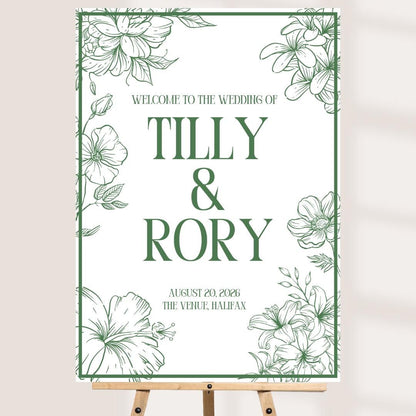 Printed Personalised Wedding Welcome Sign/Board | Wedding Selfie Props | Wedding Decorations | Green Floral |  A3/A2/A1 