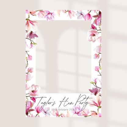 Personalised Printed Hen Party Selfie Frame: Pink Floral Design Photo Booth Prop - Customise Brides Name & Date - Bachelorette Party Decor