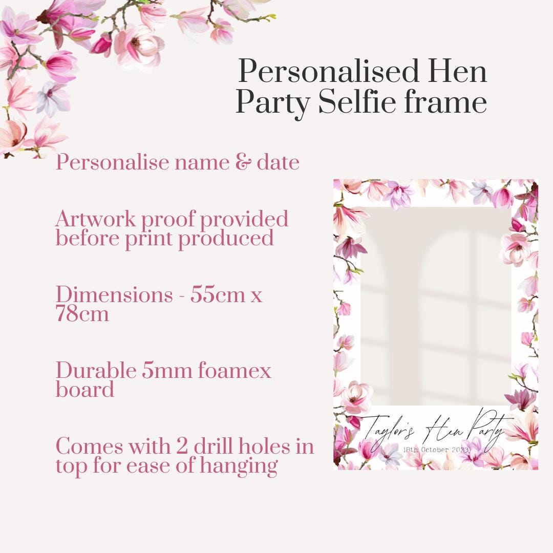 Personalised Printed Hen Party Selfie Frame: Pink Floral Design Photo Booth Prop - Customise Brides Name & Date - Bachelorette Party Decor