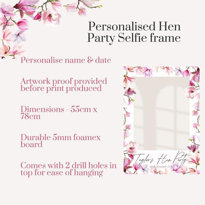 Personalised Printed Hen Party Selfie Frame: Pink Floral Design Photo Booth Prop - Customise Brides Name & Date - Bachelorette Party Decor