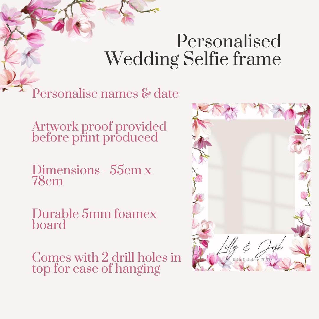Printed Personalised Wedding Selfie Frame | Wedding Selfie Props | Pink Floral | Personalised  |
