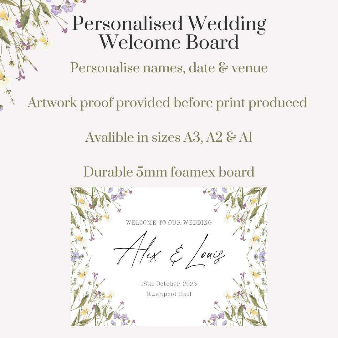 Printed Personalised Wedding Welcome Sign/Board | Wedding Selfie Props | Wedding Decorations | Rustic Floral  | A3/A2/A1 Sizes