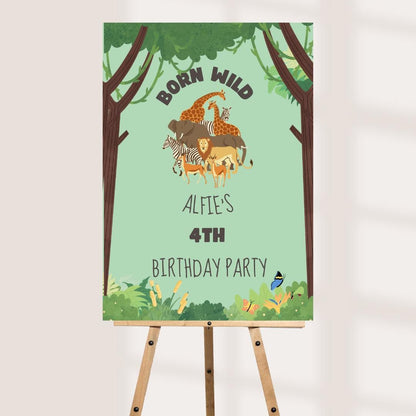 Personalised Jungle Safari Birthday Welcome Sign | Born Wild Animal Party Board | Custom Name & Age | A3 A2 A1 Sizes | C
