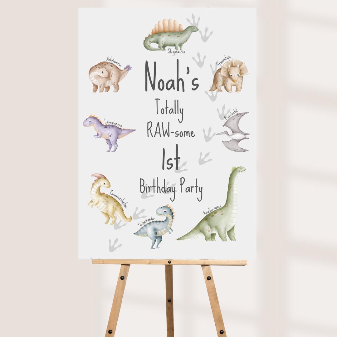 Personalised Dinosaur Birthday Welcome Sign | Totally Rawsome Dino Party Board | Custom Name & Age | A3 A2 A1 Sizes|