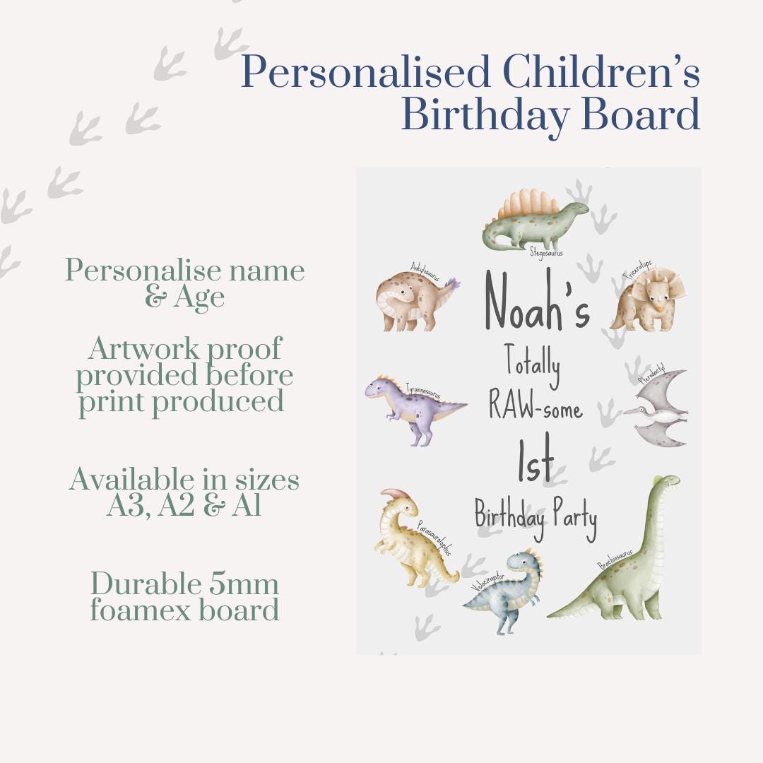 Personalised Dinosaur Birthday Welcome Sign | Totally Rawsome Dino Party Board | Custom Name & Age | A3 A2 A1 Sizes|