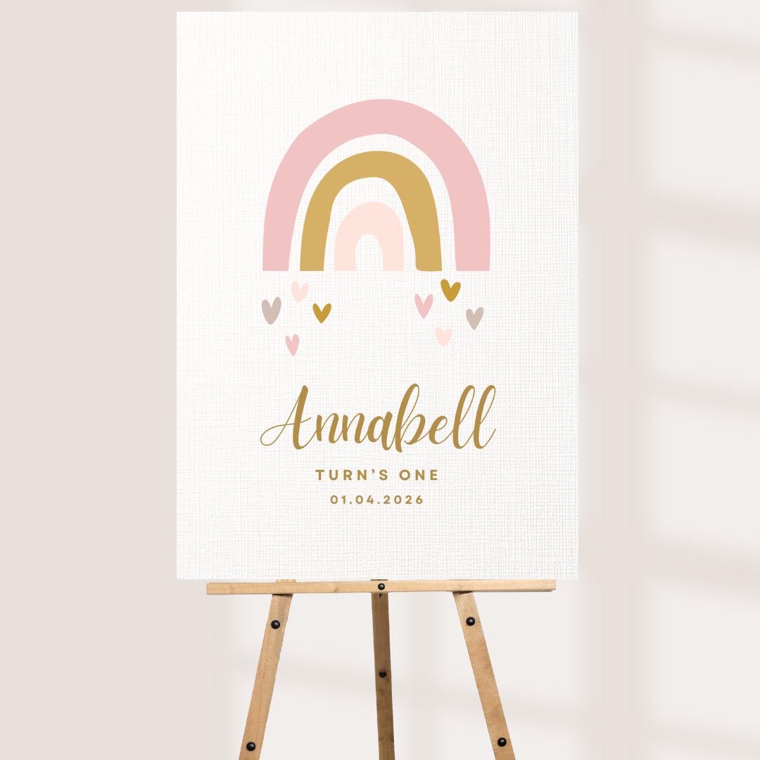 Rainbow Birthday Welcome Sign – Personalised First Birthday Party Decoration with Name, Age & Date, Boho Pastel Foam Board Keepsake