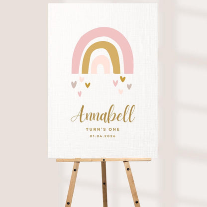 Rainbow Birthday Welcome Sign – Personalised First Birthday Party Decoration with Name, Age & Date, Boho Pastel Foam Board Keepsake