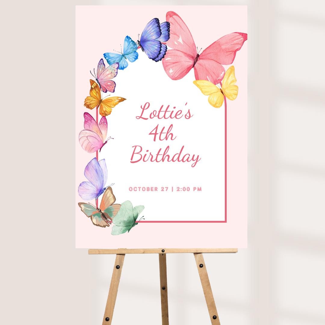 Butterfly Birthday Welcome Sign | Personalised Garden Party Board | Custom Name, Age, Date & Time | A3 A2 A1 Sign | Girls Birthday Decor