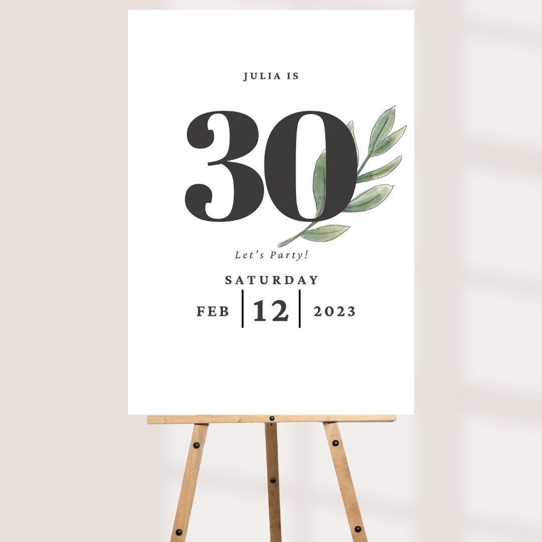 Minimalist Milestone Birthday Welcome Sign | Sage Green or White | Personalised Name, Age & Date | A3 A2 A1 Sign| Birthday Party Decor
