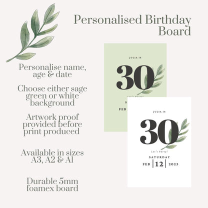 Minimalist Milestone Birthday Welcome Sign | Sage Green or White | Personalised Name, Age & Date | A3 A2 A1 Sign| Birthday Party Decor