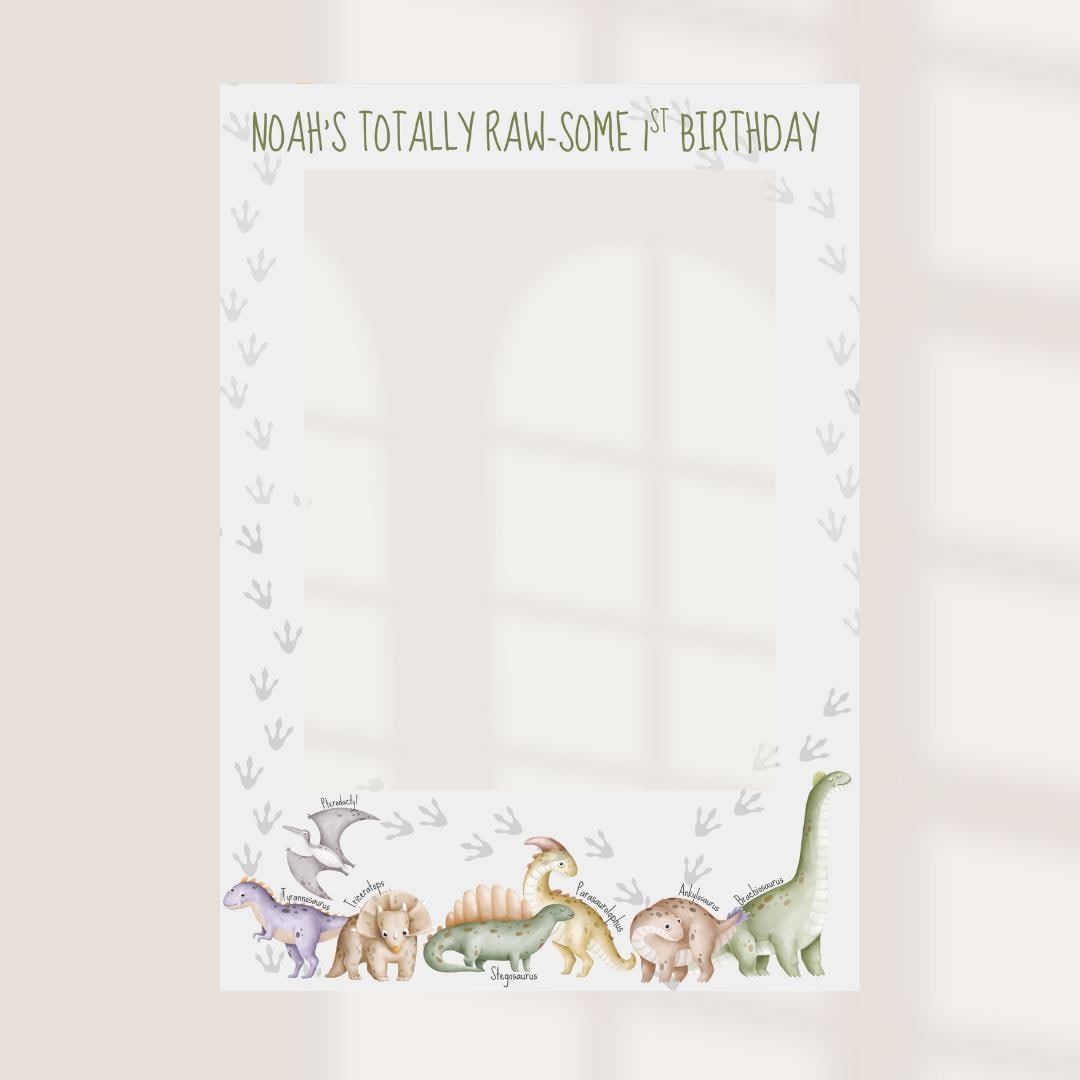 Personalised Printed Dinosaur Birthday Selfie Frame: Dino Party Photo Prop (55x78cm)