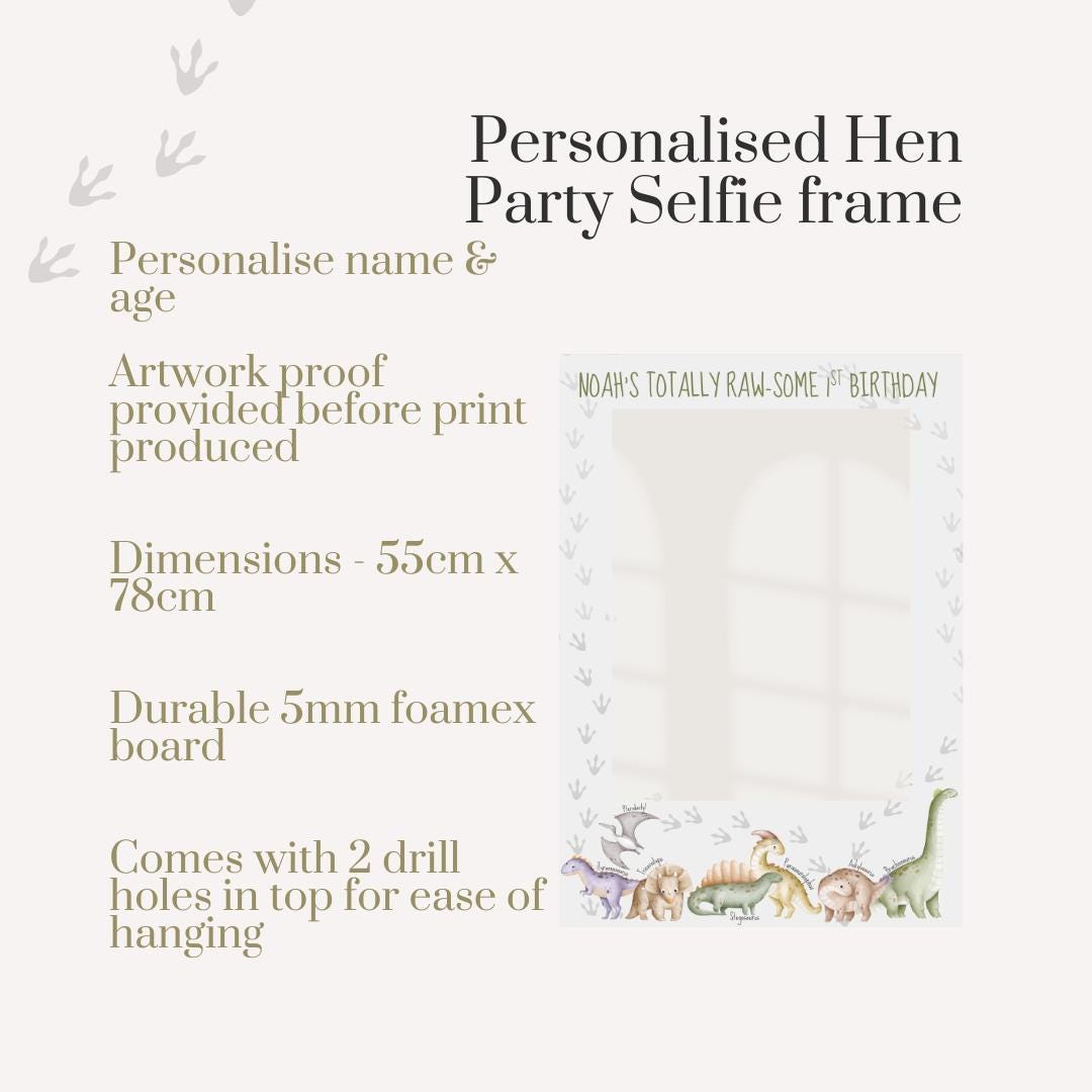 Personalised Printed Dinosaur Birthday Selfie Frame: Dino Party Photo Prop (55x78cm)