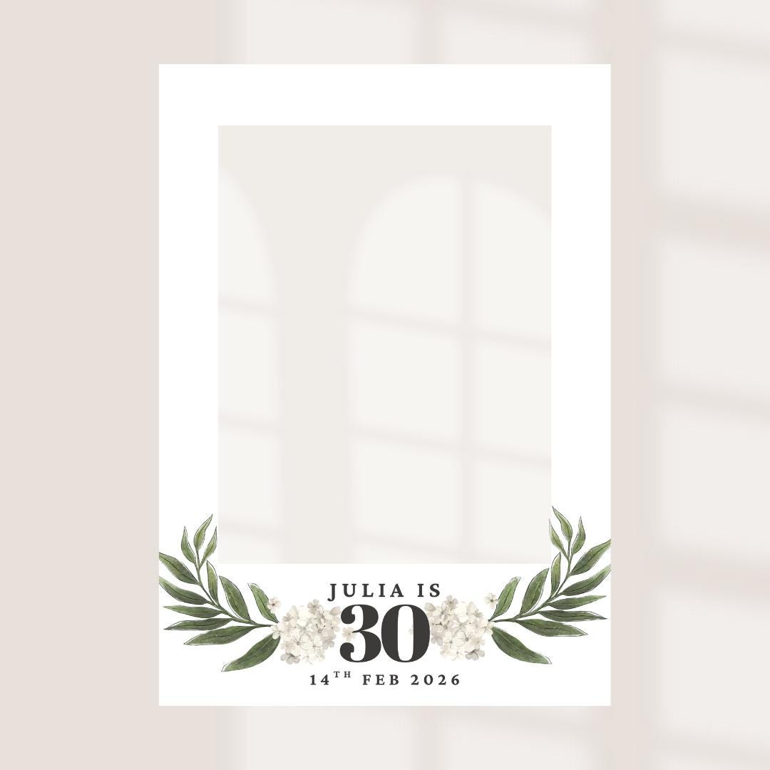 Minimalist Birthday Selfie Frame | Sage Green or White | Personalised Name, Age & Date | Botanical Party Photo Prop | Birthday Decor |