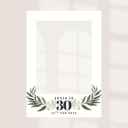 Minimalist Birthday Selfie Frame | Sage Green or White | Personalised Name, Age & Date | Botanical Party Photo Prop | Birthday Decor |