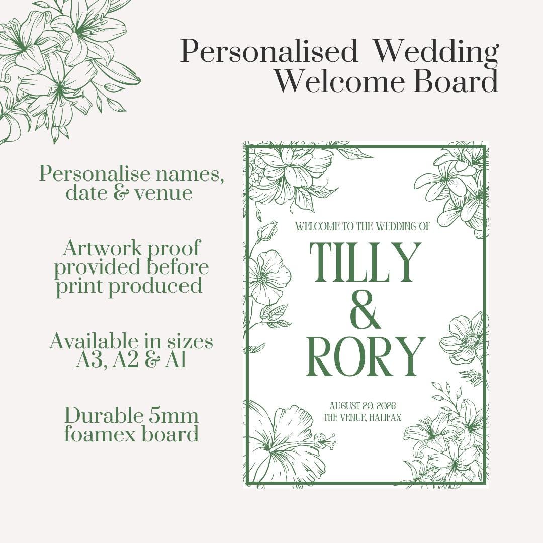 Printed Personalised Wedding Welcome Sign/Board | Wedding Selfie Props | Wedding Decorations | Green Floral |  A3/A2/A1 Sizes