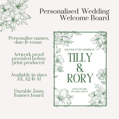 Printed Personalised Wedding Welcome Sign/Board | Wedding Selfie Props | Wedding Decorations | Green Floral |  A3/A2/A1 Sizes