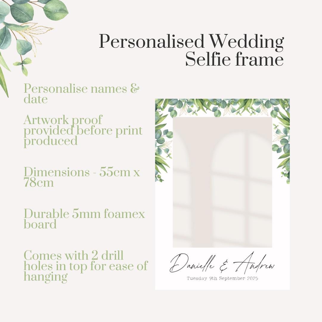 Printed Personalised Wedding Selfie Frame | Green Foliage 2 | Botanical Wedding Sign | Custom Names & Date | Modern Foamex Frame