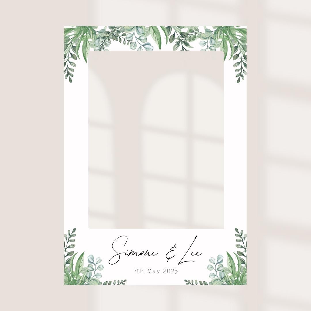 Printed Personalised Wedding Selfie Frame | Botanical Greenery 3 Photo Prop | Rustic Wedding Sign | Custom Names & Date 